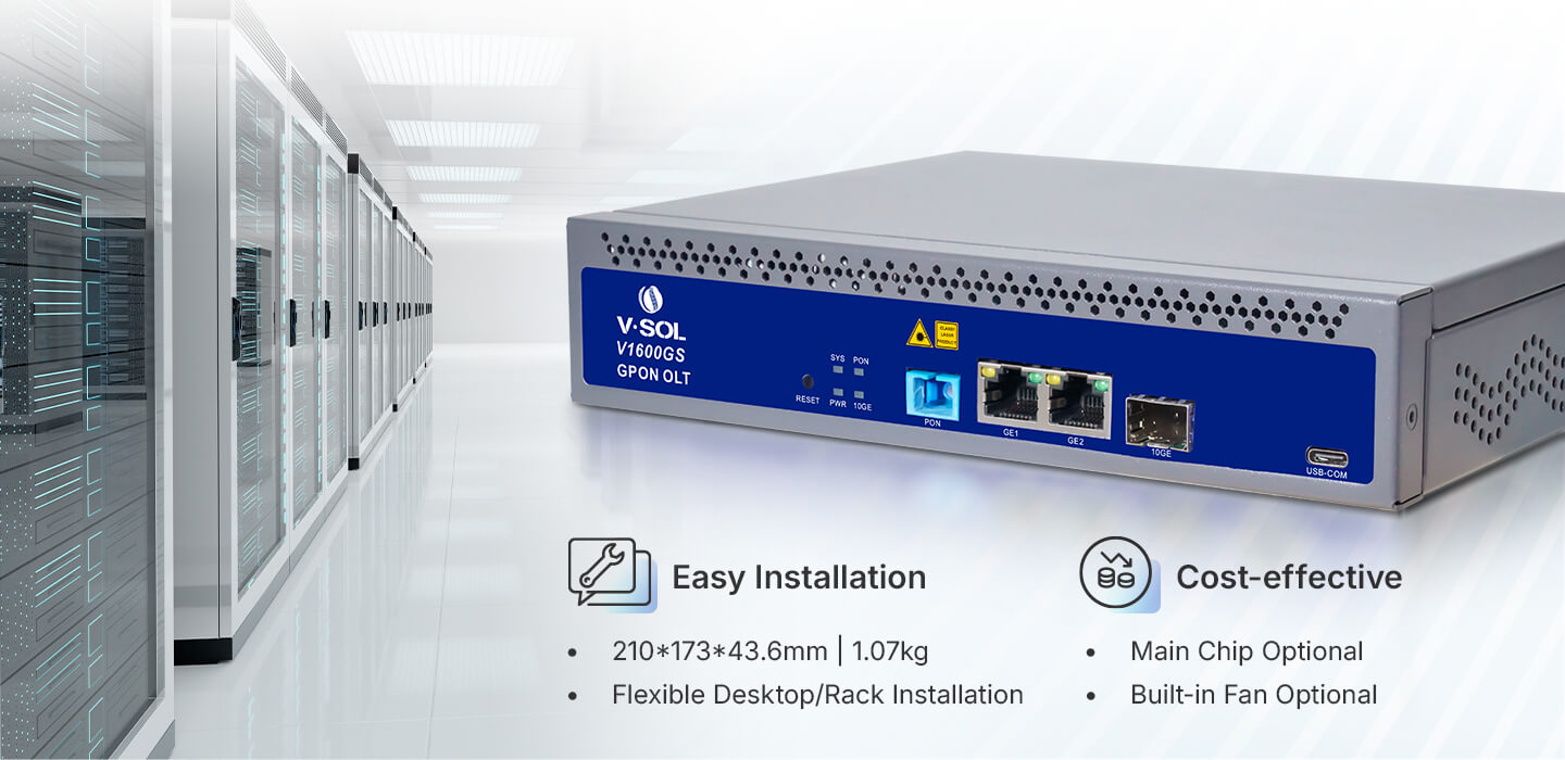 V-SOL GPON OLT cihazının ambalaj görüntüsü — taşıma sırasında korumalı şekilde paketlenmiş.
