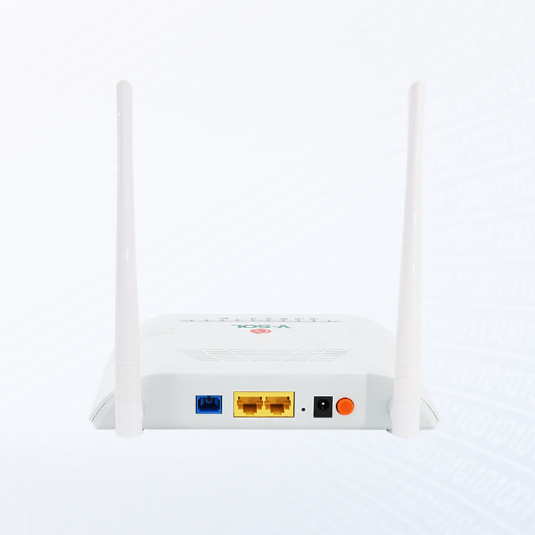 VSOL V2802GW cihazının arka görünümü ve güç adaptör bağlantısı