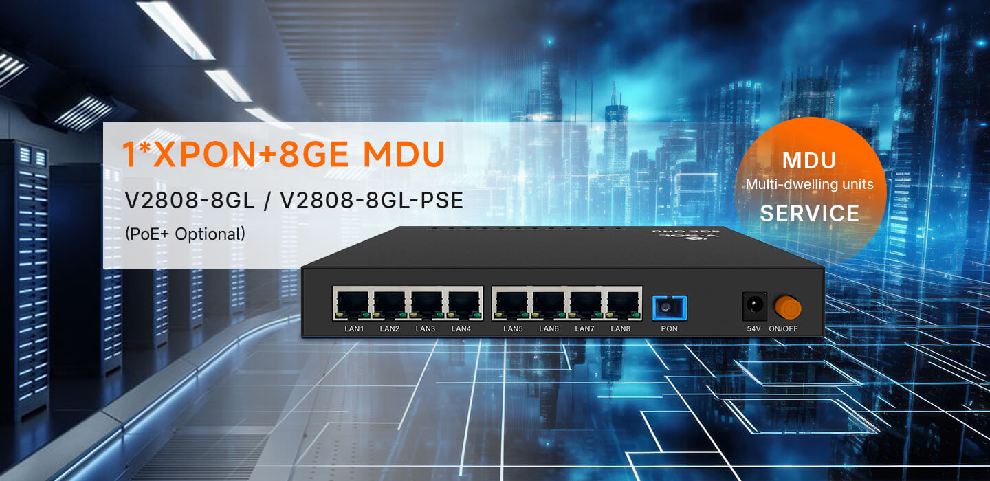V-SOL marka logosu ve V2808-8GL-PSE modeli - operatör sınıfı fiber cihazı